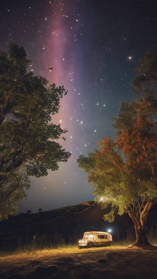 Un gruppo di stelle scintillanti attorno a un arcobaleno bohémien durante una notte limpida.