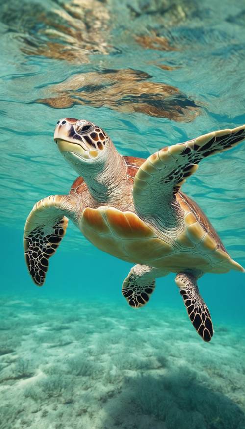 A turquoise green sea turtle gliding smoothly in the warm tropical ocean under clear blue skies.