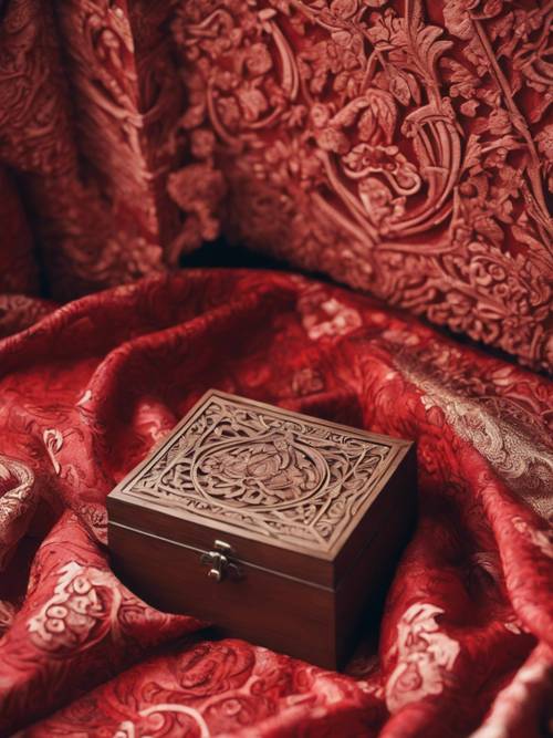An intricately carved wooden box encased in red damask fabric.