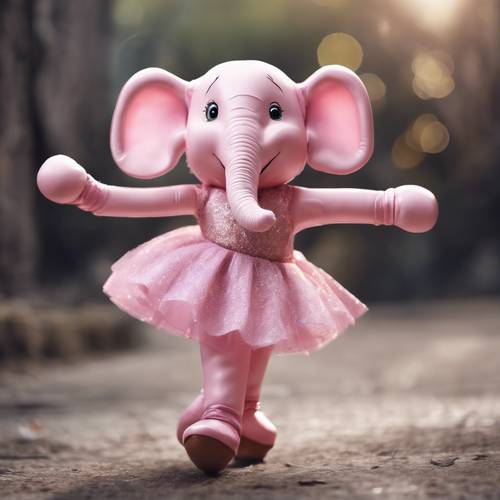 Seekor gajah merah muda mengenakan sepatu balet dan menari dengan anggun.
