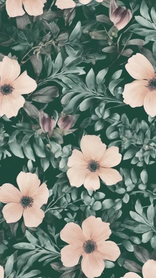 A vintage wallpaper pattern featuring dark green leaves and pastel-colored flowers.