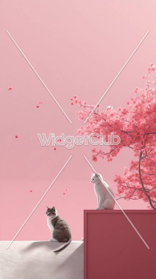 Langit Merah Muda dan Bunga Sakura dengan Kucing Lucu