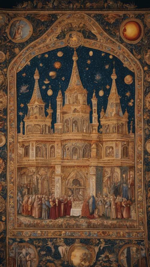 Một tấm thảm thời Trung cổ thể hiện một bữa tiệc hoành tráng dưới những chiếc đèn chùm vương giả có hình mặt trời và mặt trăng.