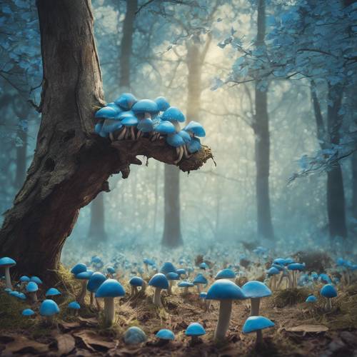Vintage style painting of a woodland scene with blue mushrooms nestled under an ancient tree.