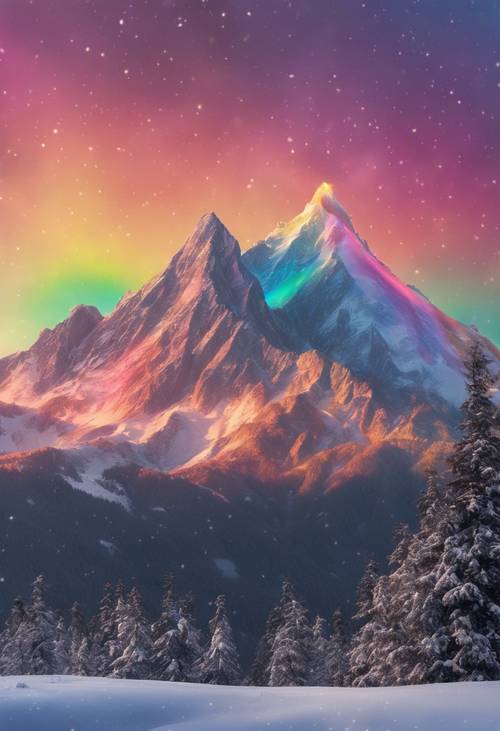 Una maestosa vetta montuosa innevata che si staglia contro un cielo illuminato da un&#39;aura vibrante dai colori dell&#39;arcobaleno.