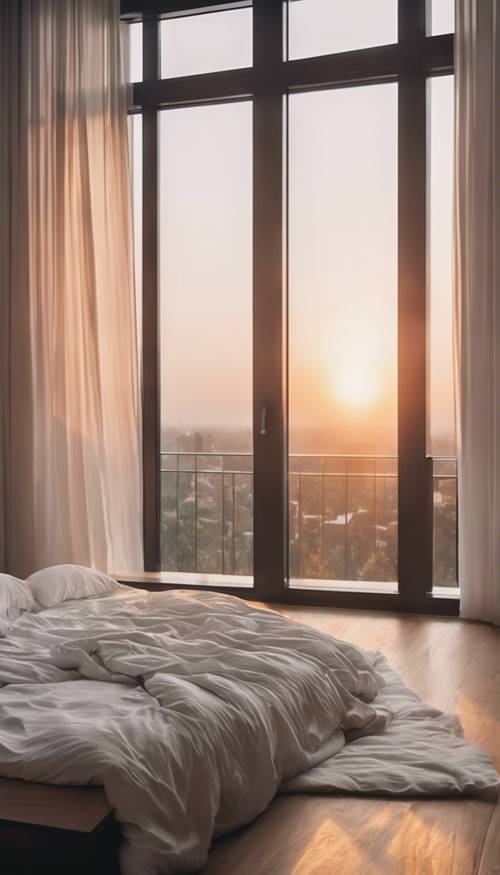Um quarto minimalista com cama branca discreta, piso de madeira clara e janelas altas sem cortinas mostrando o nascer do sol.