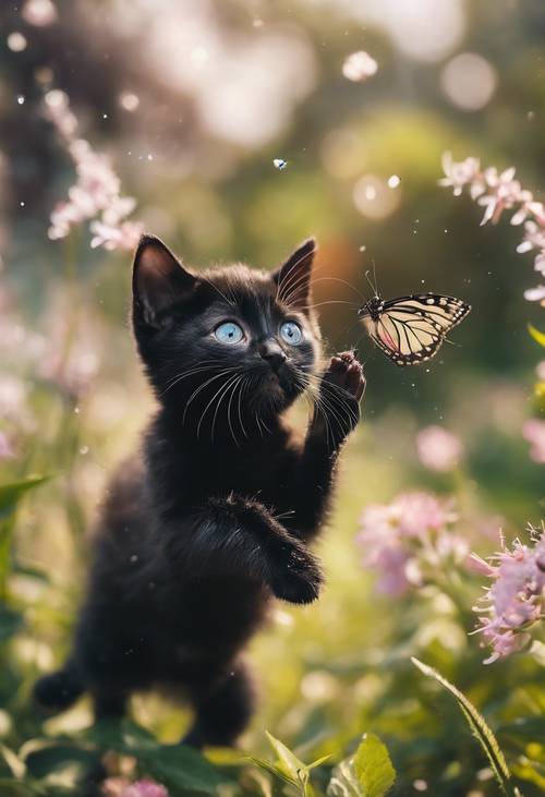An athletic black kitten with a white tail, jumping to catch a flying butterfly in a blooming garden.