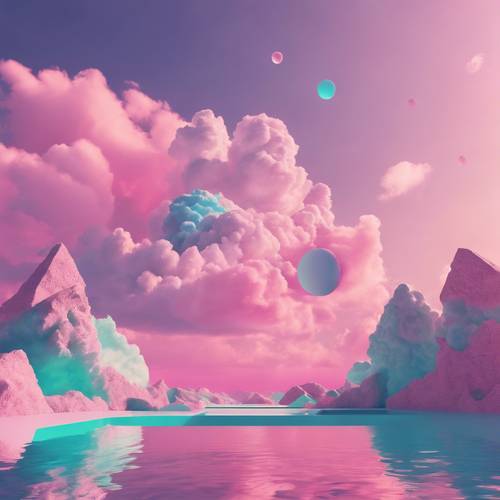Eine surreale Landschaft mit schwebenden geometrischen Formen und pastellfarbenen Wolken, Symbolik der Vaporwave-Ästhetik.