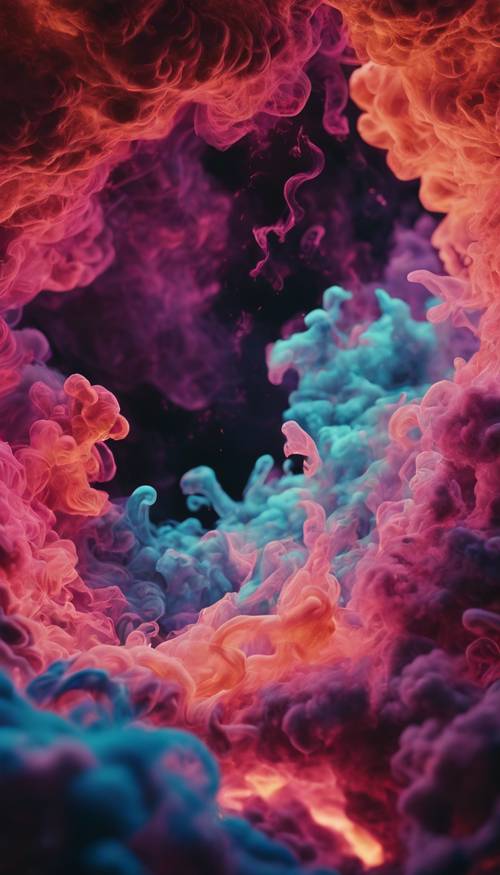 A dense formation of smoke in neon hues, swirling in a mesmerizingly unpredictable formation underground.