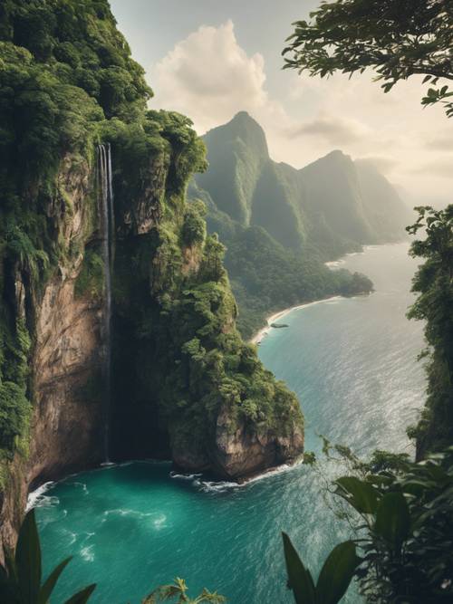 A panoramic view of a mountainous tropical island, with waterfalls cascading down steep cliffs into the ocean.