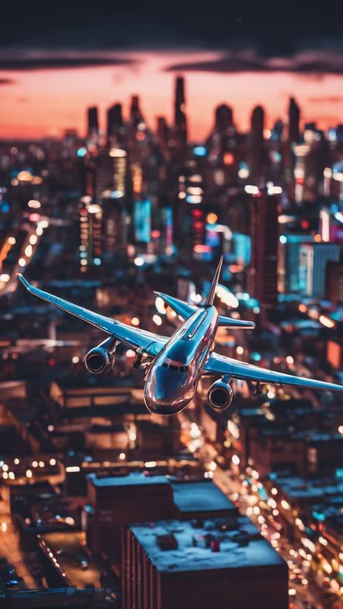 Çatıdan görüntülenen, uçakların zaman zaman manzaranın üzerinden geçtiği neon renkli bir şehir silüeti.