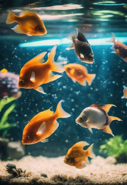 Artystyczne przedstawienie akwarium pełnego różnych egzotycznych ryb przy delikatnym oświetleniu.