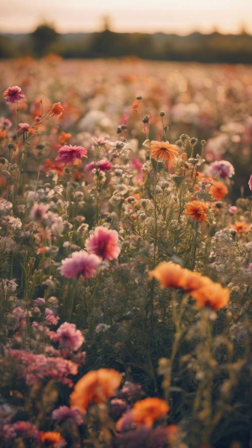 A forgotten field loaded with vibrant vintage summer flowers under a cloud-strewn sky at sunset.