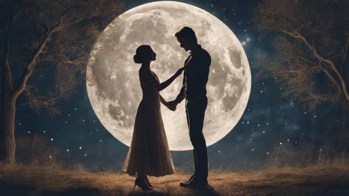 A painterly depiction of a romantic couple dancing under the watchful eye of the silvery orb of the moon.