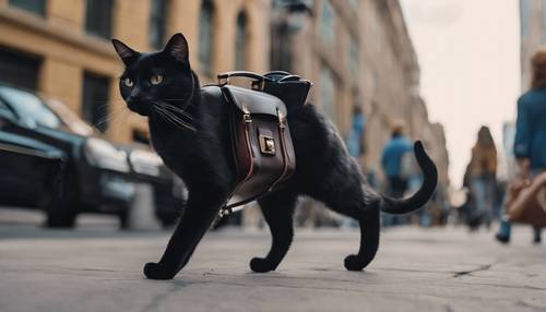 قطة سوداء عصرية ترتدي حقيبة أنيقة، وتتبختر في أحد شوارع العاصمة المزدحمة.