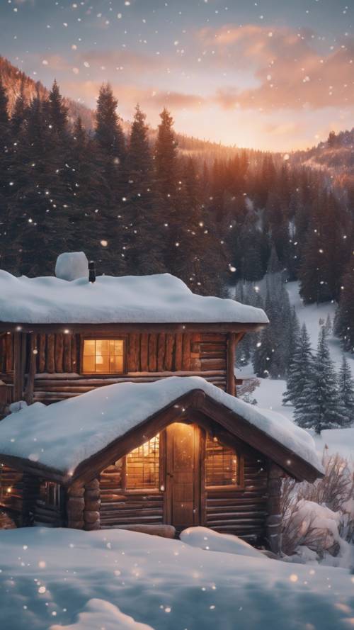 A dreamy sunset illuminating a cozy, rustic cabin set amidst a snowy landscape. Tapet [c8977582f8964e099601]