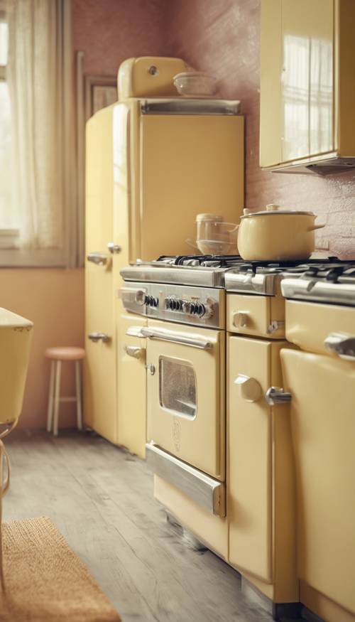 Pastel renkli aletlerle donatılmış, klasik, tereyağı sarısı bir mutfak.