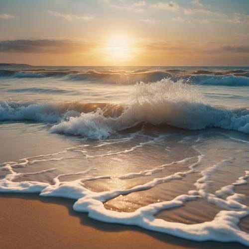 A serene blue ocean waves hitting a sandy golden beach at sunrise.