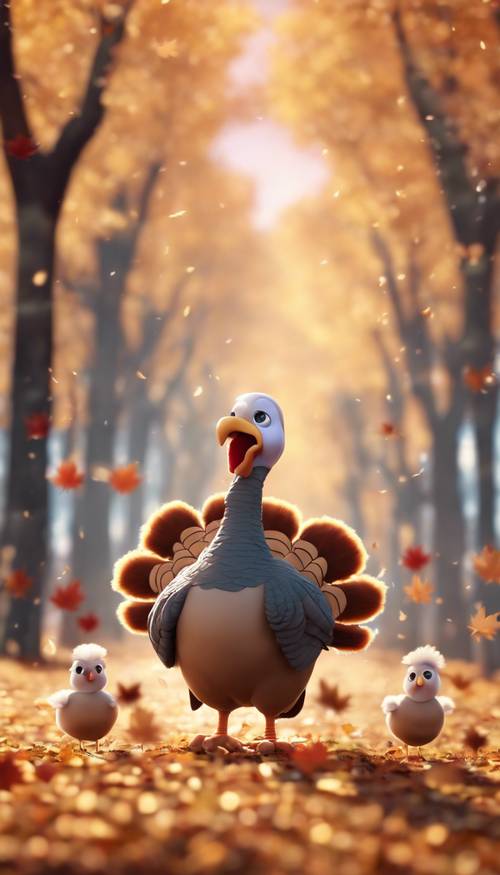 A flock of cute, fluffy cartoon turkey pilgrims strutting under falling leaves under Autumn trees.