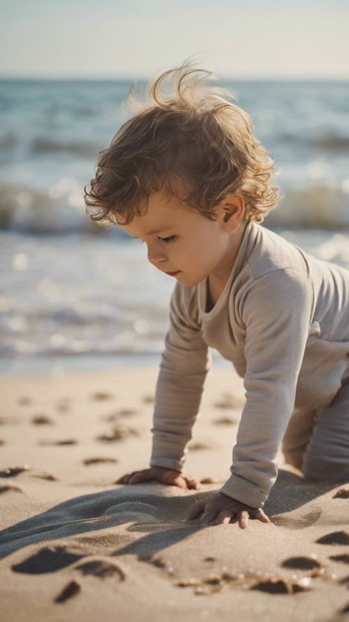 A baby haired child crawling on a sandy beach towards the ocean waves.