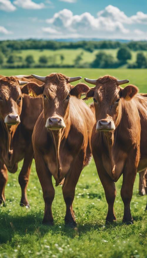 在蔚藍的天空下，一群棕色的牛在鬱鬱蔥蔥的綠色田野裡吃草。