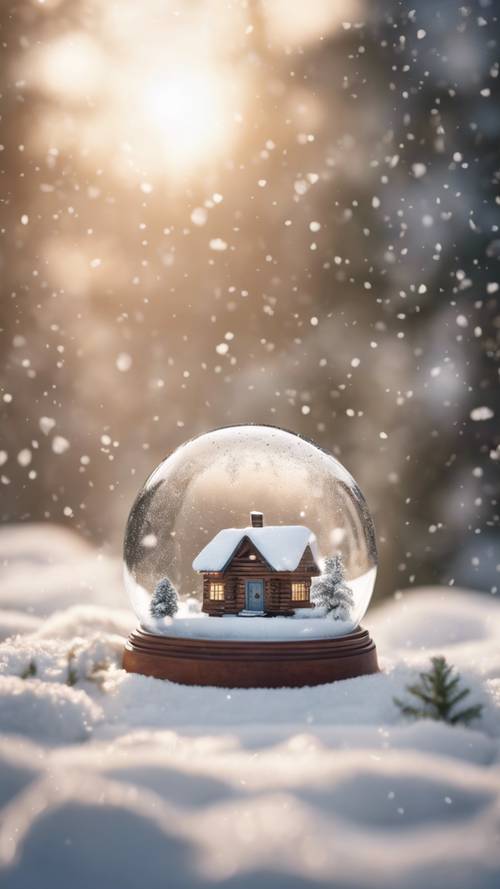 A tranquil winter scene of a snow-globe with a small cabin inside, an heart-warming quote written in the falling snowflakes.