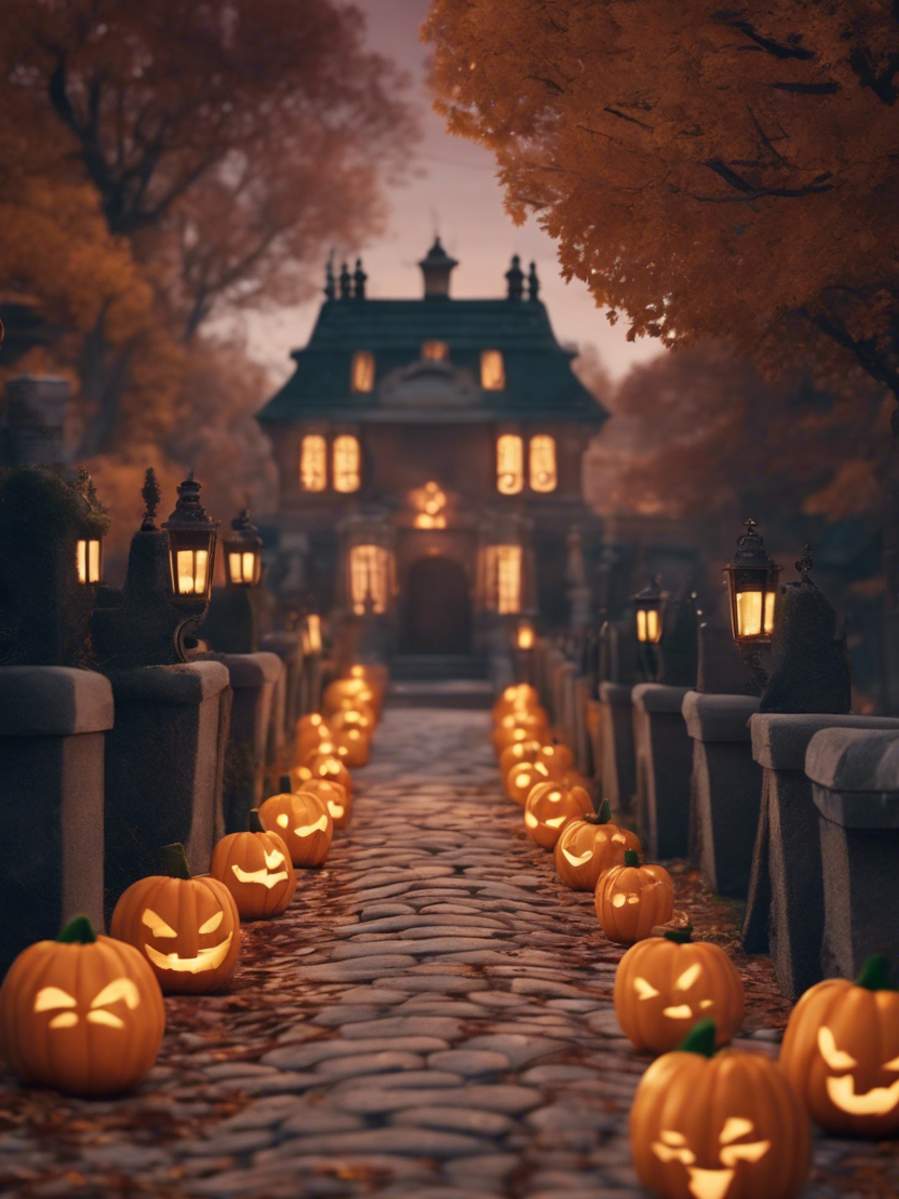 Illustration of kawaii pumpkin lanterns lining a cobblestone path leading to a haunted mansion 벽지[f2fa9aa199ee45d8b7d9]