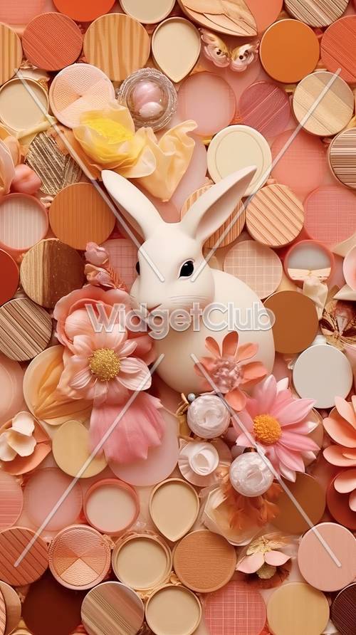 花とボタンで囲まれたかわいいウサギの壁紙