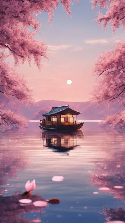 Rumah kapal anime terpencil yang terapung di danau yang tertutup kelopak bunga sakura saat fajar.
