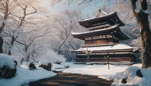 Spokojna, zimowa scena przedstawiająca starożytne, pokryte śniegiem dojo w Japonii.