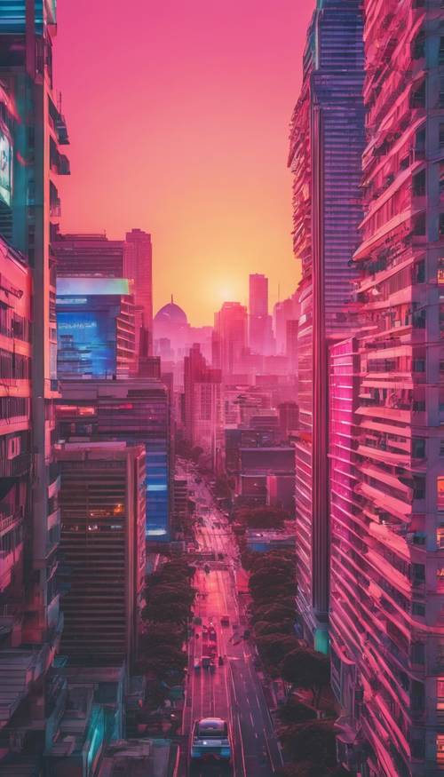 Eine Skyline einer Stadt mit Vaporwave-Färbung bei Sonnenuntergang. Hintergrund [e4df3c0bcb9f4b638695]