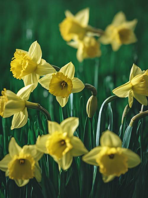 An artistic arrangement of yellow daffodils on an emerald green field.