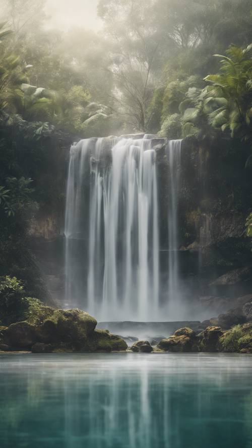 Uma cachoeira caindo em uma piscina cristalina em um paraíso isolado, com a citação &quot;O propósito da vida é uma vida com propósito&quot; pairando como um espectro nebuloso no ar.