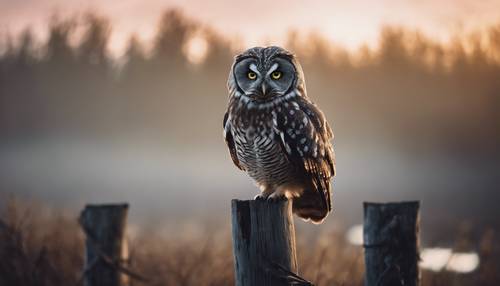 An inquisitive owl perched on an aged wooden post under the mystical moonlight.