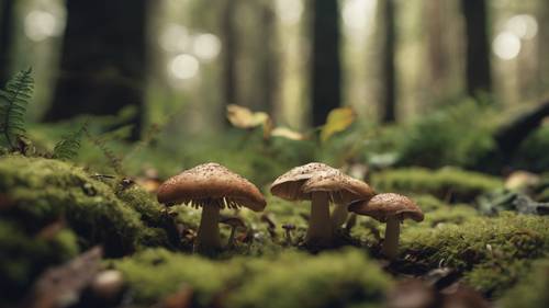 A realistic depiction of a forest's ground cover, featuring a unique variety of wild mushrooms.