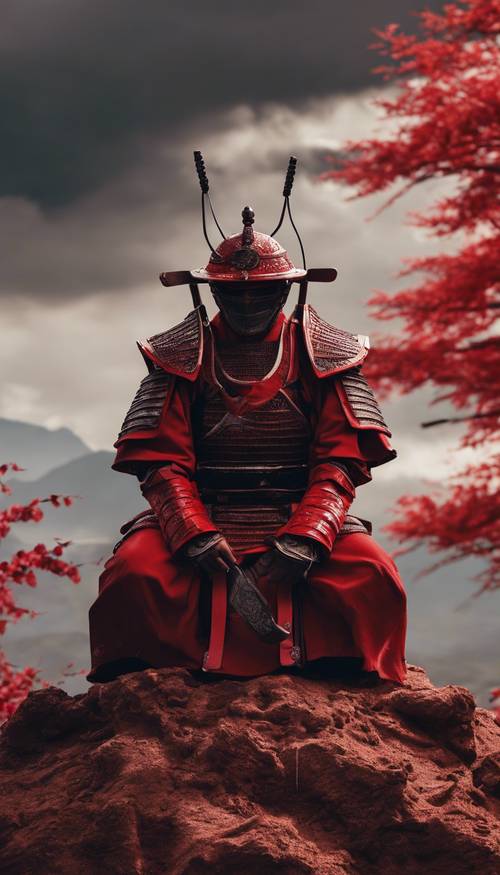 Uma cena sinistra de um samurai vermelho ajoelhado vitoriosamente sobre um monte de adversários derrotados.