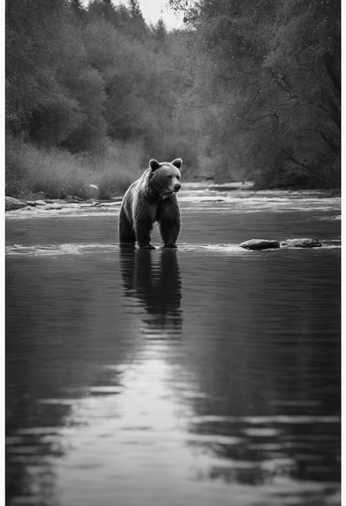 A grayscale image of a bear calmly sipping on fresh river water while sitting up.