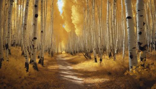 An illuminated path cutting through a dense grove of aspen trees crowned with golden autumn crowns.