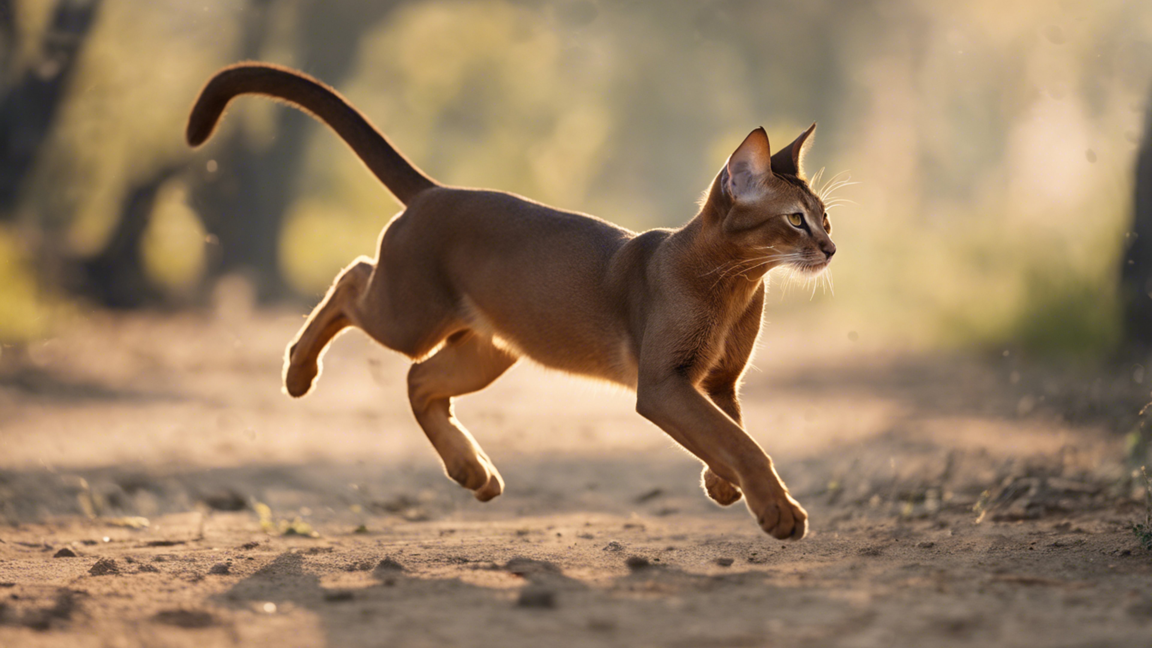 A graceful Abyssinian in the midst of a powerful leap, chasing after an elusive laser pointer dot. Обои[96ede32971e845549726]