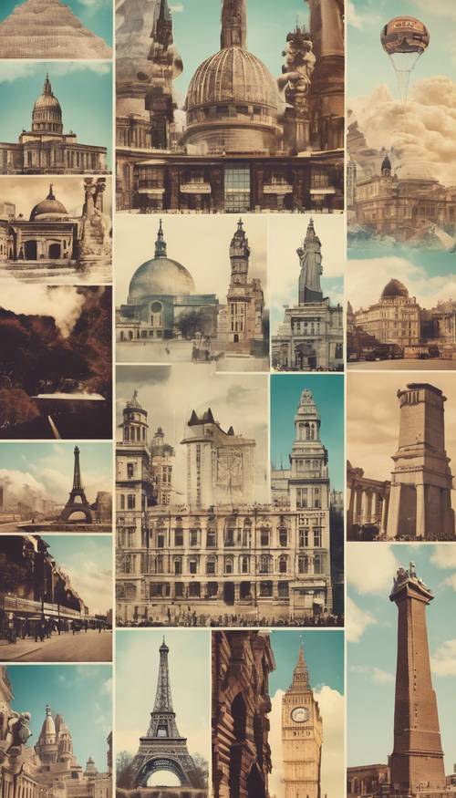 A vintage-style collage featuring postcard images of famous world landmarks from the 1920s. Tapet [e90787e02bf943d38fab]