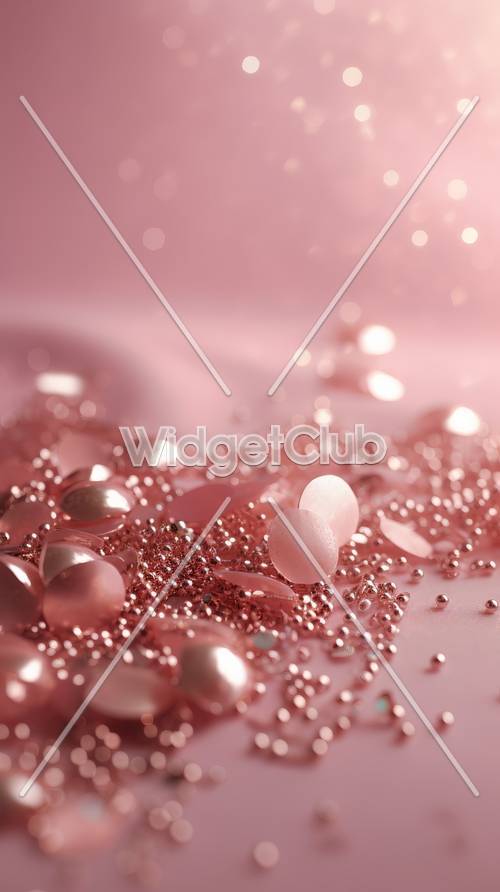 Perline rosa scintillanti e glitter su uno sfondo morbido