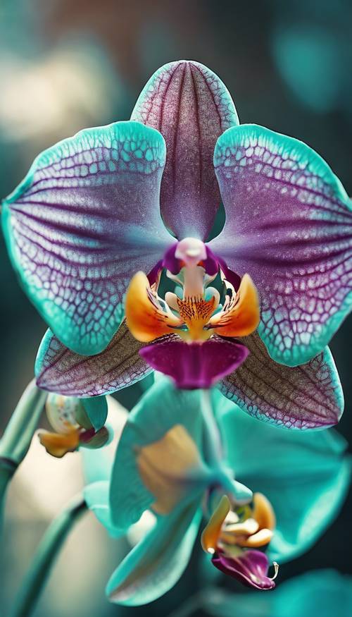 Yumuşak bir ışıkla aydınlatan, tam çiçek açmış turkuaz bir orkide.