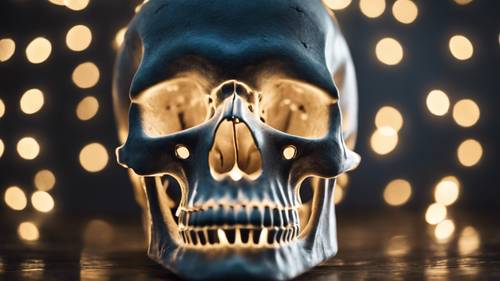 A gray skull illuminated by the soft glow of twinkling fairy lights.