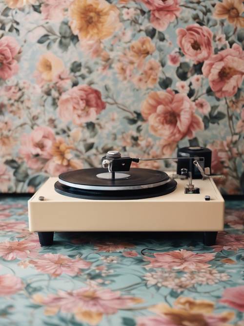 An old, fashioned record player surrounded by pastel floral patterned flooring.