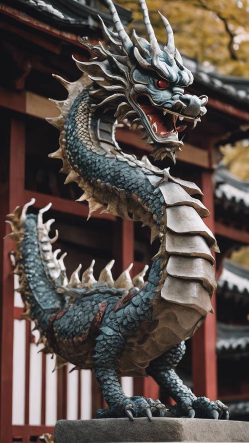 Bir samuray kalesinin kapısında nöbet tutan korkunç bir Japon ejderhası.
