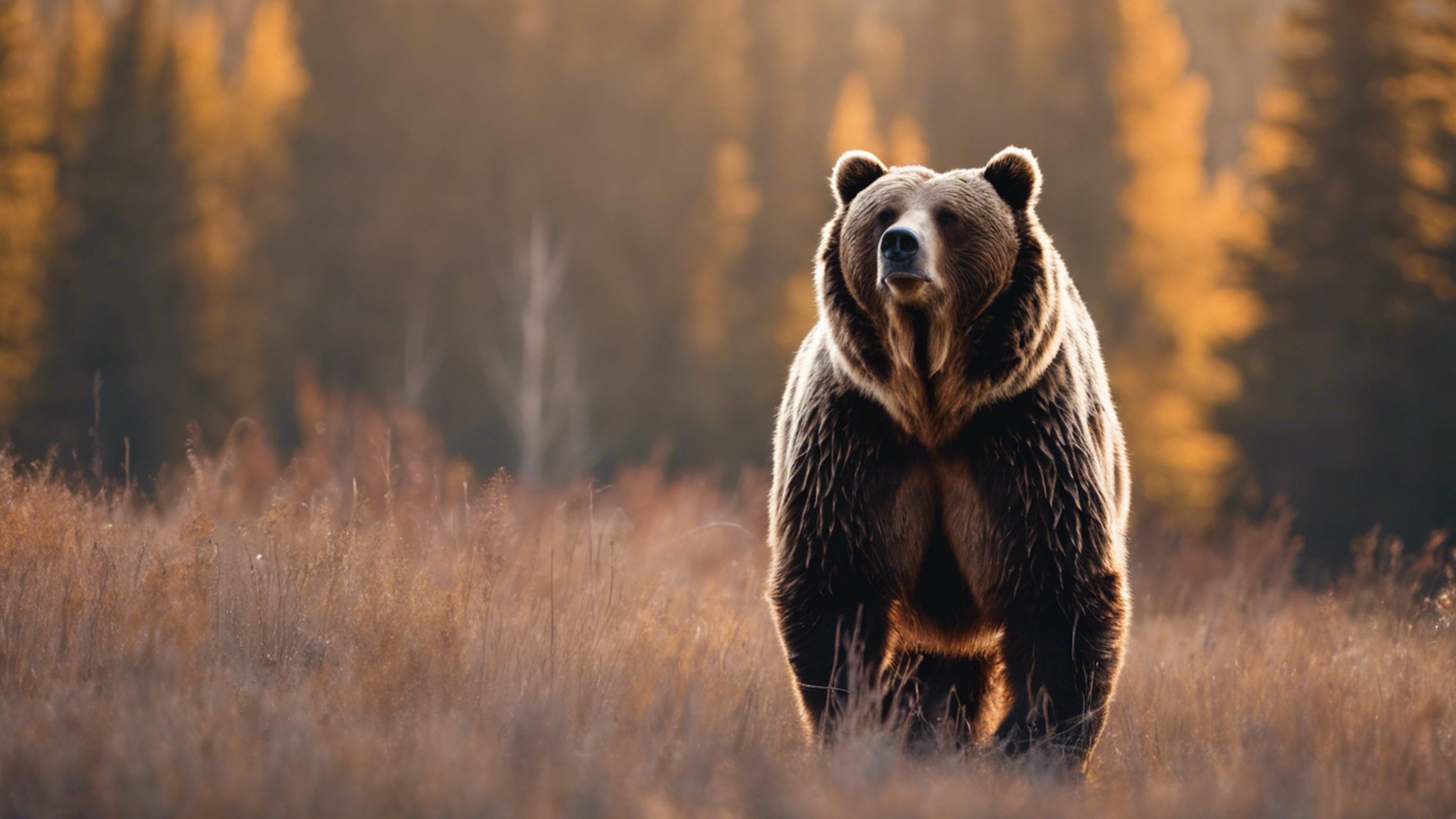 A majestic brown grizzly bear standing tall in the wild วอลล์เปเปอร์[4fb1e3b24f2c4984aff0]