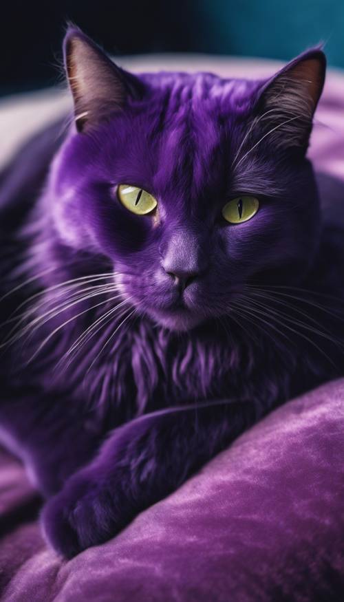 Um gato roxo brilhante e sonolento enrolado em uma almofada de veludo azul marinho. Papel de parede [ff1ead4ca55f4fb69e47]