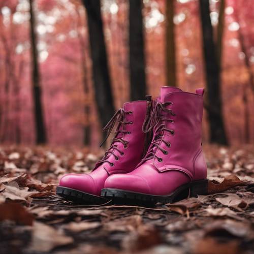 秋季森林背景下的深粉色皮靴