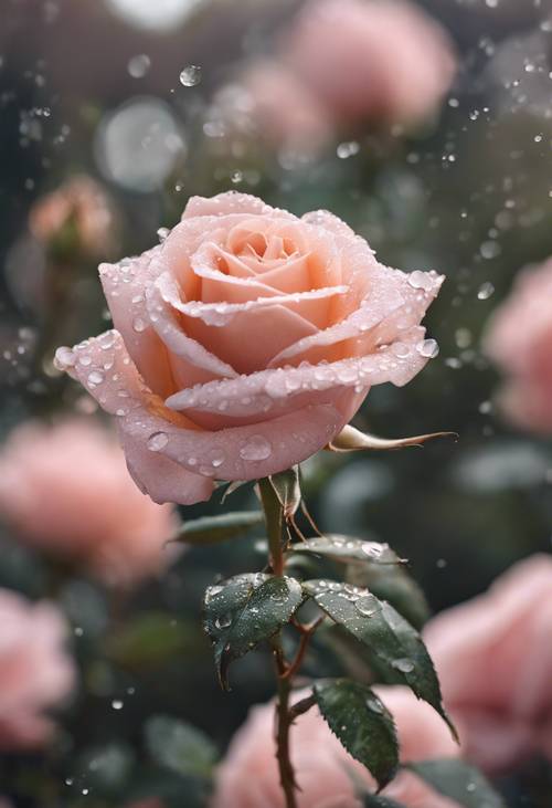 一朵美麗的腮紅粉紅玫瑰的特寫鏡頭，上面覆蓋著晨露。