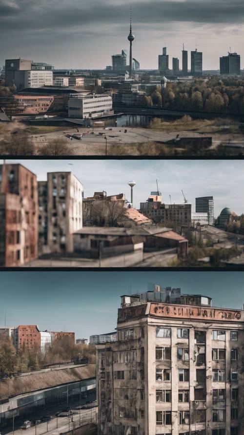 Panoramę Berlina przedstawiającą wyraźny kontrast pozostałości wojennych i współczesnego rozwoju.